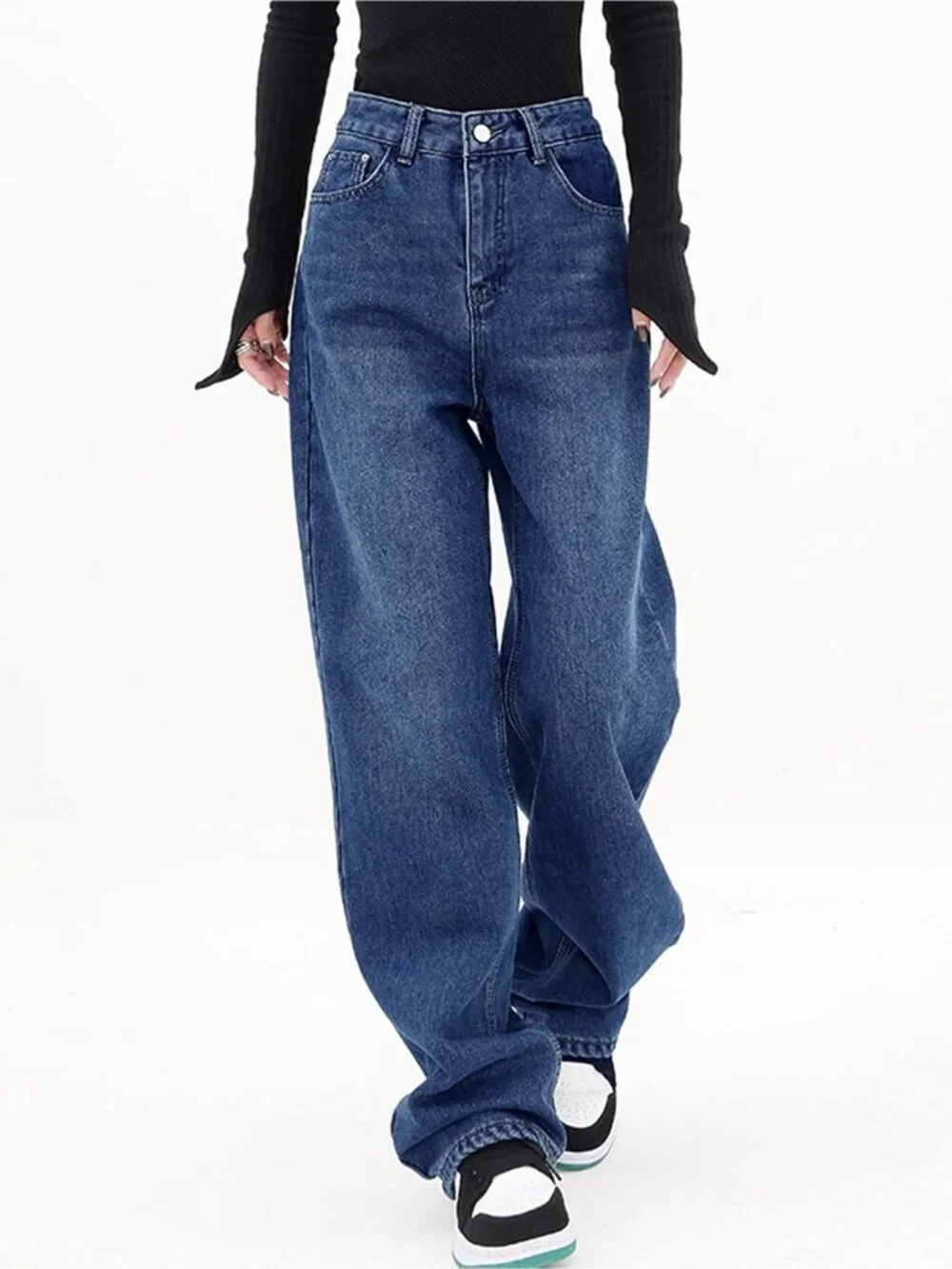 Women's Classic Blue Denim Y2k Straight Leg Button Zip High Waisted Baggy Jeans